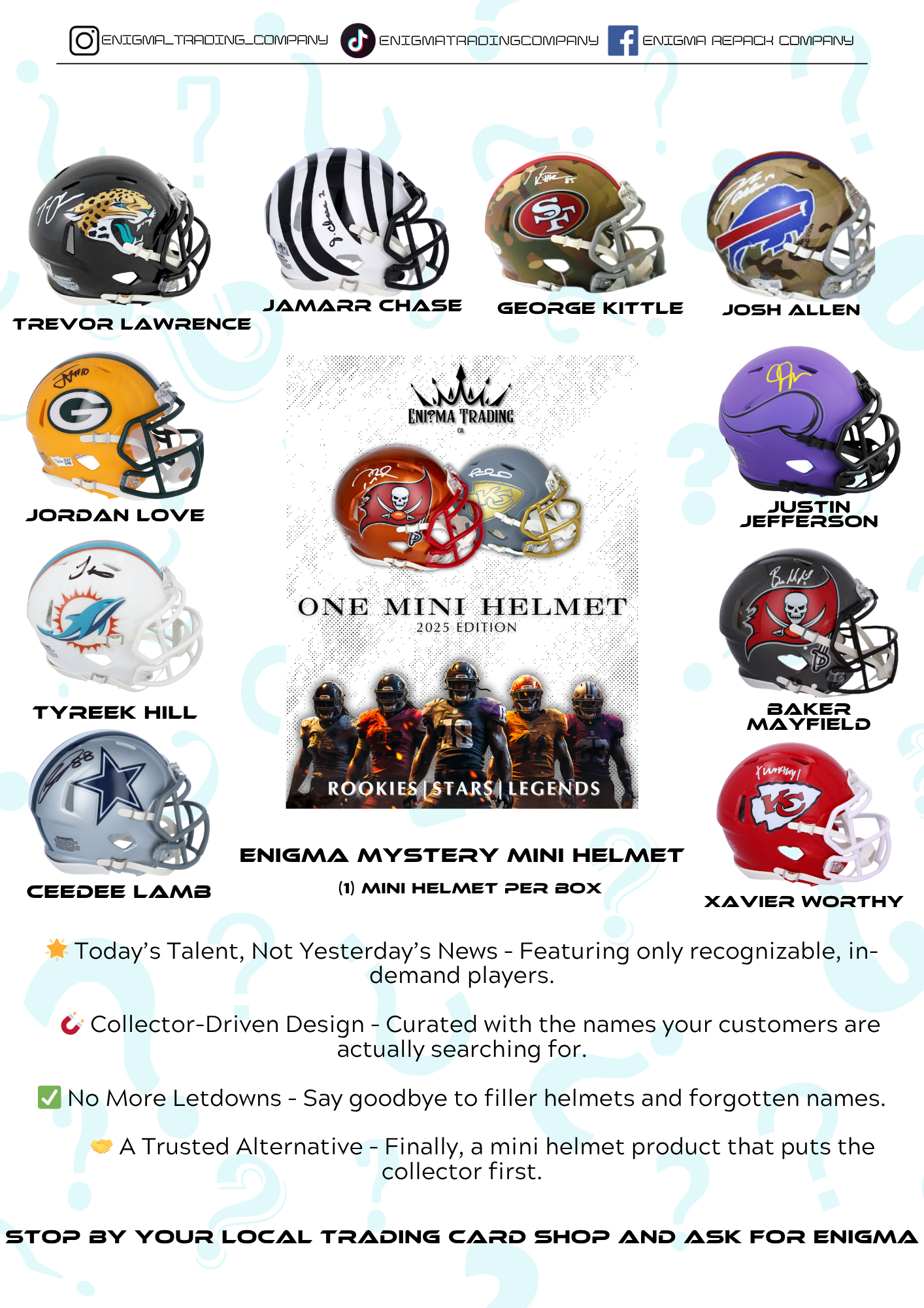 Collection of mini football helmets with player names and branding on a white background